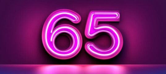 Neon Number 65, illuminated with a vibrant, glowing effect on a dark purple background.
