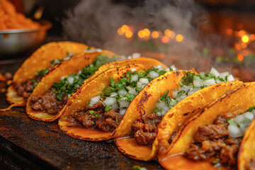 mexican cuisine fusion, steaming birria tacos in a rustic kitchen with fresh ingredients and festive lights, ready to be savored