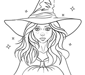 Coloring page witch girl in a hat with a pumpkin