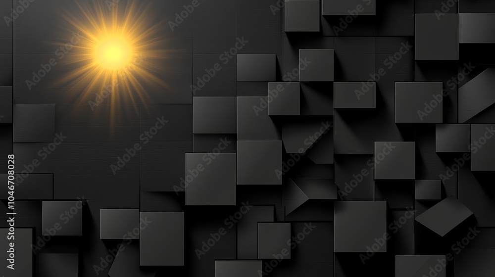 Poster dark geometric background, abstract pattern with 3d cubes and centered light, modern design