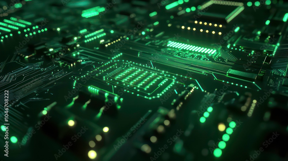 Poster close-up of a circuit board with green glowing lights.