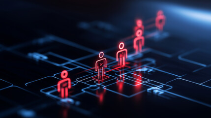 A futuristic organizational chart with 3D elements, featuring glowing employee nodes, indicating promotion and priority training to build a stronger, more efficient team.