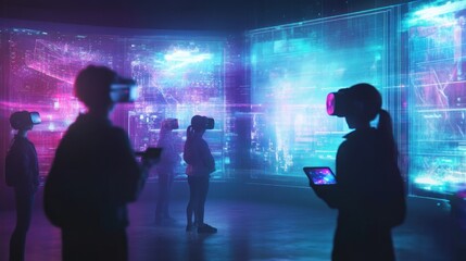 A group of individuals engaging with virtual reality technology in a futuristic setting.