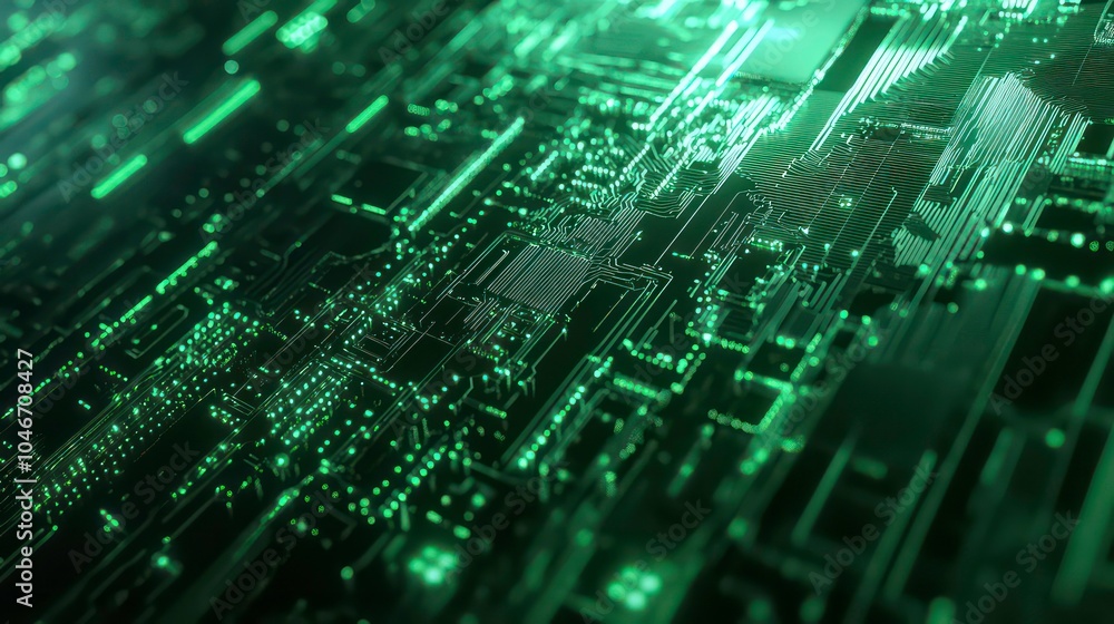 Poster Abstract 3D rendering of a green circuit board with glowing lines.
