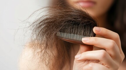A woman looks worried as she holds a hairbrush displaying strands of hair, showing signs of stress and hair loss in her bathroom. Generative AI