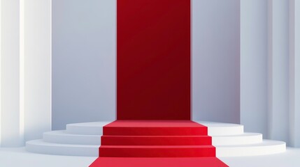 A red carpet leads to a white pedestal in a minimalist space.
