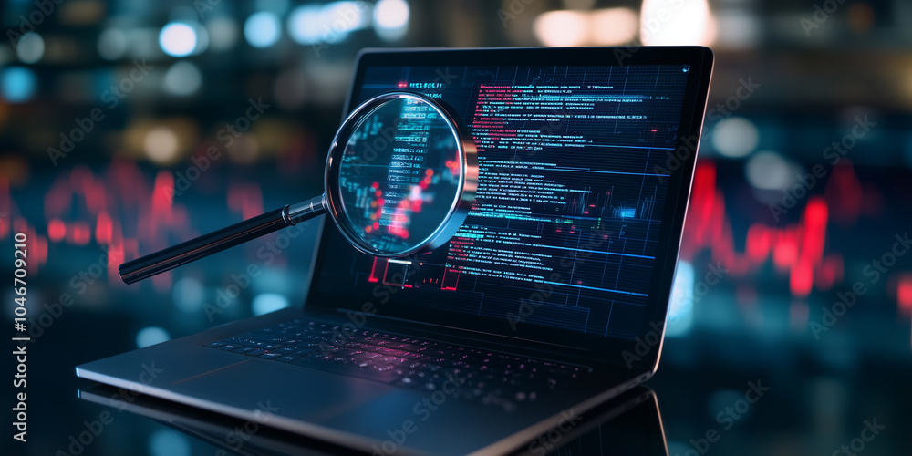 Poster infographic chart showing a corporate laptop screen with a magnifying lens zooming in on database fi