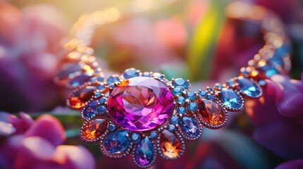 Colorful gemstone necklace with a vibrant tourmaline as the centerpiece, 4K hyperrealistic photo