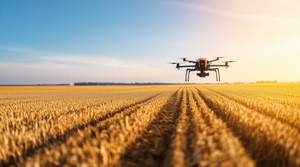 Fototapeta premium A farmer in a drone-controlled tractor, plowing a vast golden wheat field under a clear blue sky.