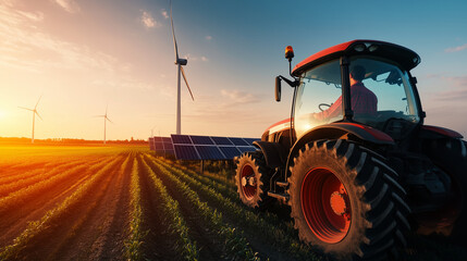 Fototapeta premium A farmer in a clean energy-powered tractor, surrounded by solar panels and wind turbines.