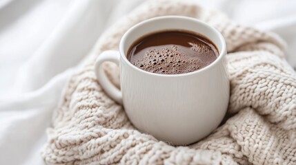 Cozy Winter Morning  Hot Coffee in White Mug on Knit Blanket