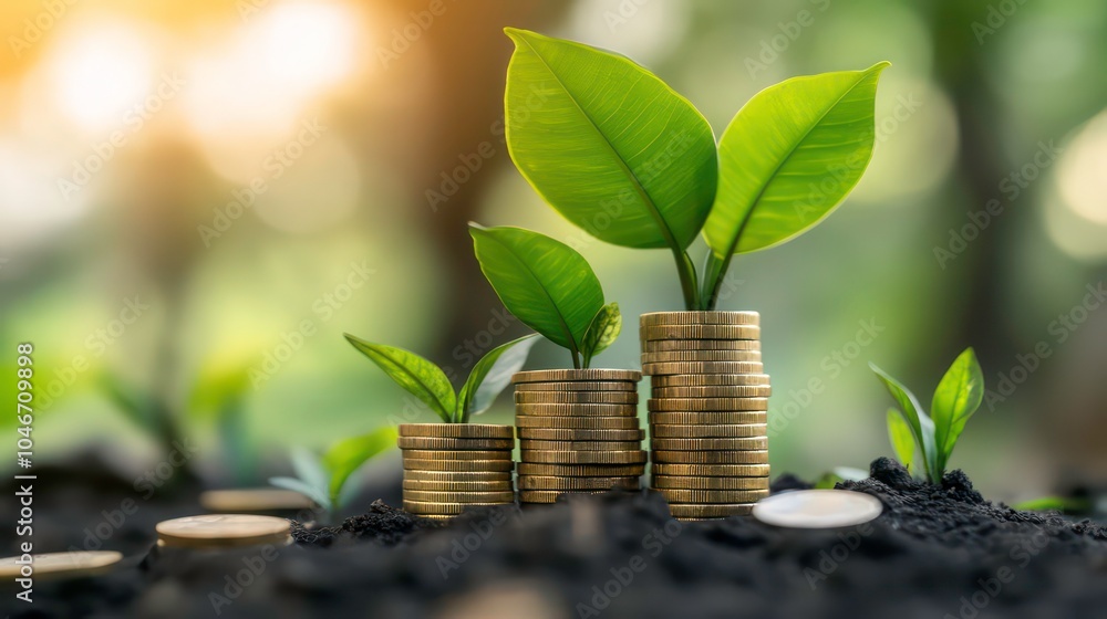 Aufkleber three stacks of gold coins with growing green plants in the middle of each stack. the coins are in t