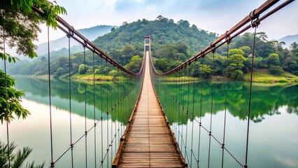 Obraz premium Suspension bridge over Majang Lake isolated on white background with clipping path