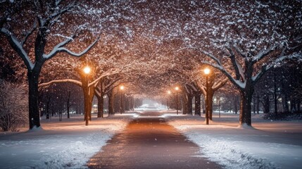 Snow Covered Pathway with Streetlights in Winter Night