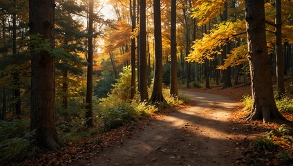 Fototapeta premium autumn in the forest , A dirt path winds through an autumn forest, with sunlight streaming through the trees