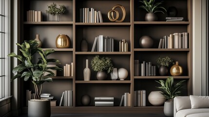 Cozy Minimalist Home Decor Shelves Displaying Houseplants and Books: Zoom Virtual Background, Cozy Interior Backdrop, Living Room Background for Virtual Meetings, Deep and Sophisticated