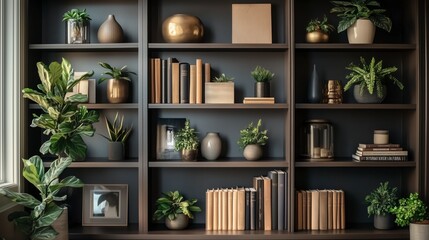 Cozy Minimalist Home Decor Shelves Displaying Houseplants and Books: Zoom Virtual Background, Cozy Interior Backdrop, Living Room Background for Virtual Meetings, Deep and Sophisticated