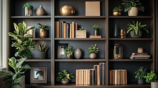 Cozy Minimalist Home Decor Shelves Displaying Houseplants and Books: Zoom Virtual Background, Cozy Interior Backdrop, Living Room Background for Virtual Meetings, Deep and Sophisticated