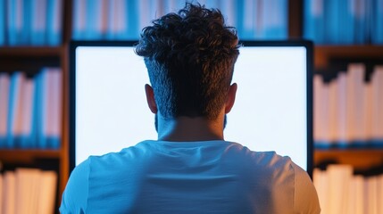 Blank computer screen with a blinking cursor, stacks of books in the background, symbolizing the beginning of a writing journey for National Novel Writing Month