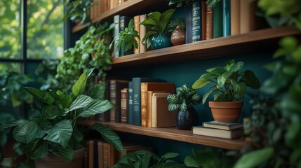 Cozy Minimalist Home Decor Shelves Displaying Houseplants and Books: Zoom Virtual Background, Cozy...