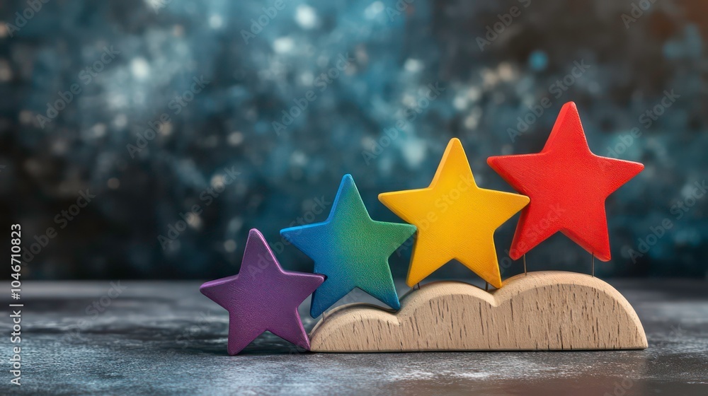 Poster five colorful stars in a row on a cloud.