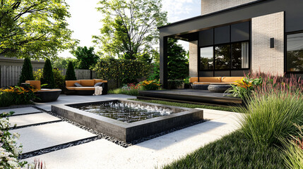 Fototapeta premium A modern backyard with a geometric water