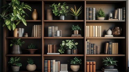Cozy Minimalist Home Decor Shelves Displaying Houseplants and Books: Zoom Virtual Background, Cozy Interior Backdrop, Living Room Background for Virtual Meetings, Deep and Sophisticated