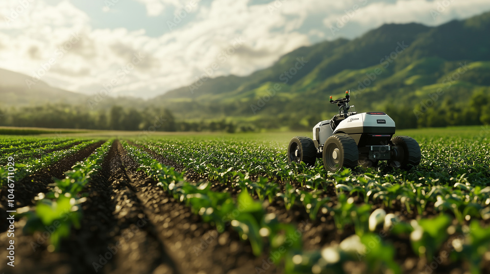 Poster a farmer deploying an autonomous robot to monitor plant health and identify pests in a large organic