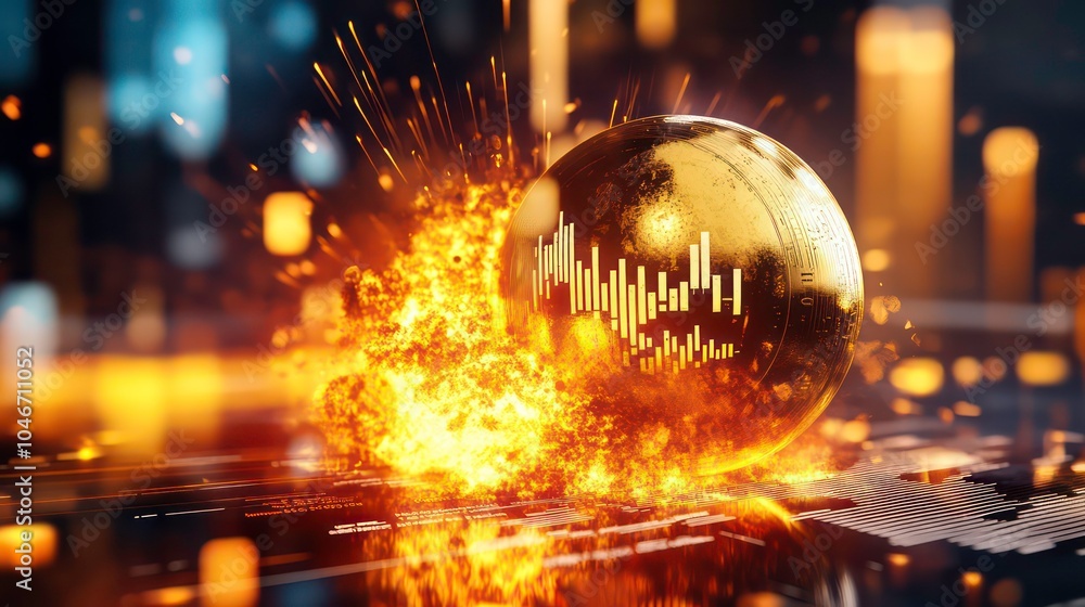 Poster A golden sphere with a chart embedded within it is engulfed in flames, symbolizing explosive growth and volatility in financial markets.