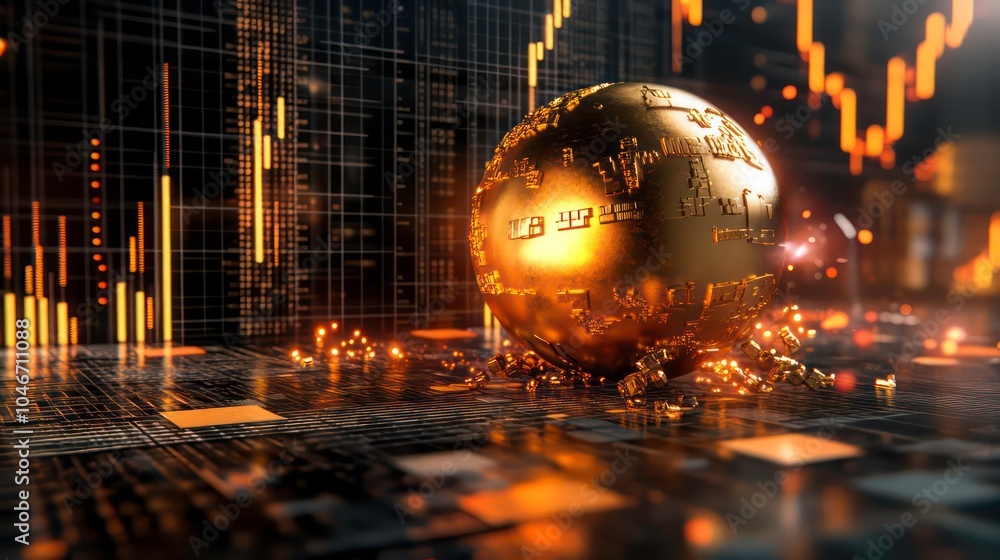 Poster A golden globe sits on a circuit board with glowing data lines and stock market charts in the background.
