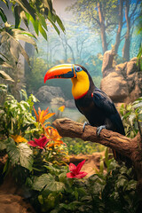 Obraz premium Vibrant toucan perched on branch surrounded by lush tropical foliage and colorful flowers, showcasing its striking beak and vivid colors in serene jungle setting