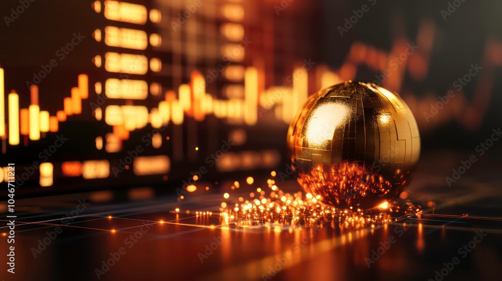 Poster a golden sphere sits on a grid with a stock market chart in the background.