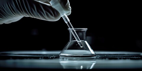 Gloved hand with pipette in a dark lab setting, perfect for medical research or laboratory equipment photography with a focus on precision and cleanliness