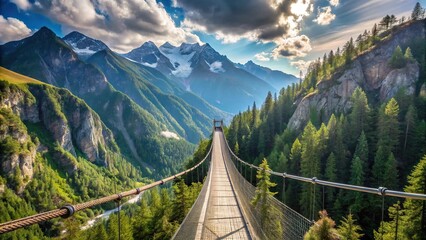 Fototapeta premium Suspension bridge overlooking mountain slopes