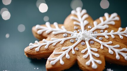 Close-up of an intricately decorated gingerbread snowflake, with delicate white icing and silver sprinkles for Gingerbread Decorating Day 