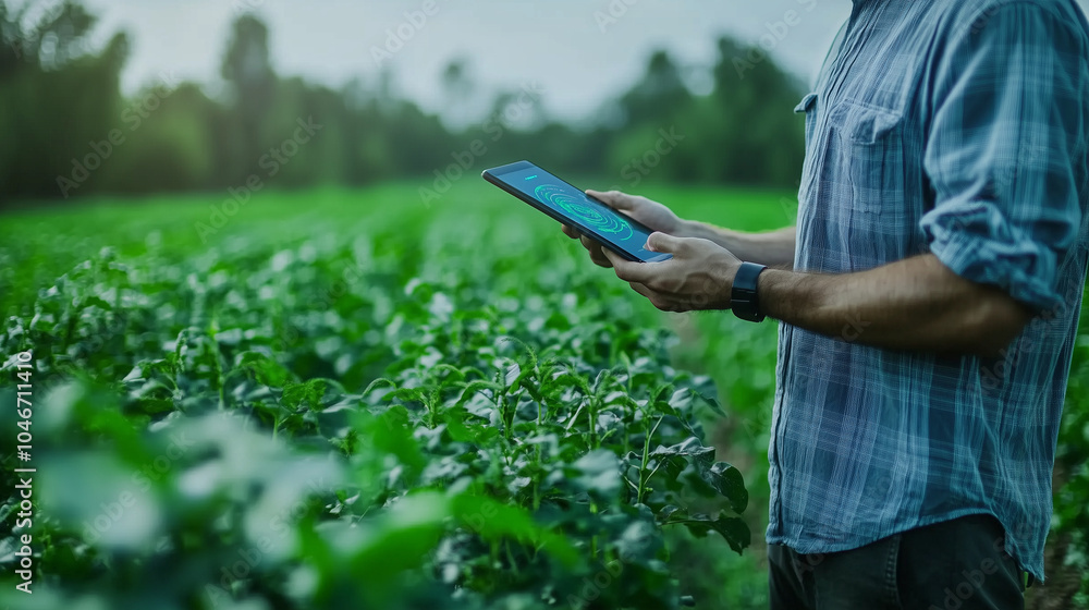Poster a high-tech farm showing automated irrigation systems with water-saving sensors, with the farmer mon