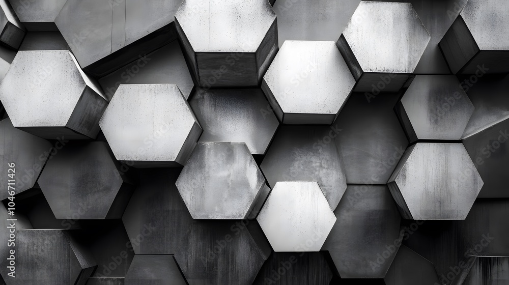 Poster a black and white photo of a building with a lot of hexagonal shapes. the photo has a moody and some