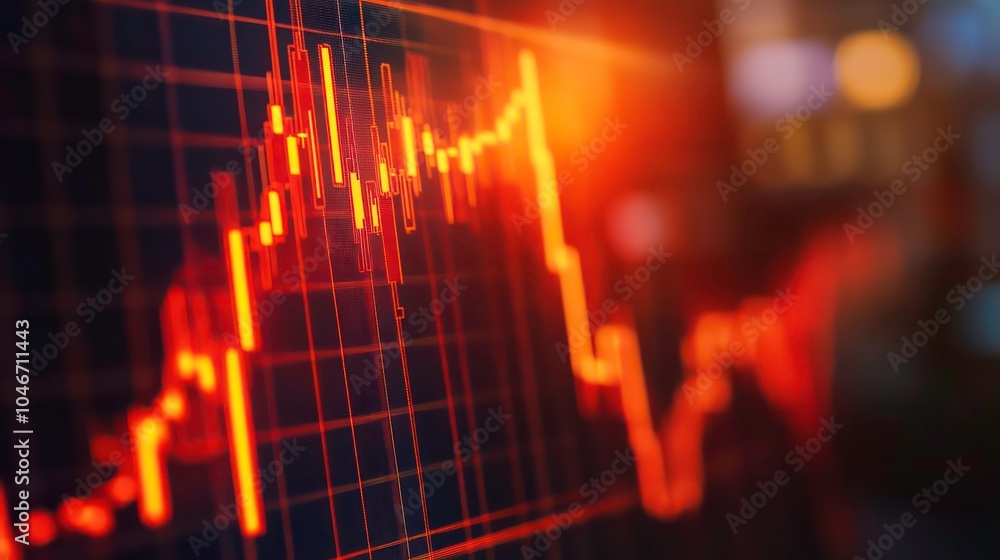 Aufkleber a red line graph on a screen with a blurred city background.