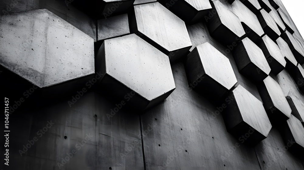 Poster a black and white photo of a building with a lot of hexagonal shapes. the photo has a moody and some