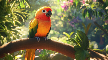 Obraz premium Colorful anime parrot perched on branch in vibrant jungle setting, surrounded by lush greenery and flowers, exuding cheerful and lively atmosphere