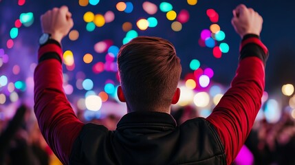 Crowd of people in festive attire, throwing confetti in the air as the clock hits midnight, joyful expressions for New Year’s Eve 