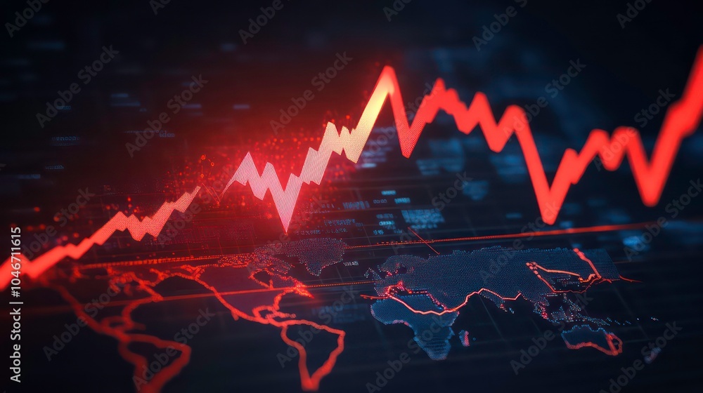 Poster Abstract red line graph rising on a world map background, representing global growth and development.