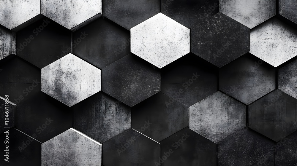 Poster a black and white photo of a building with a lot of hexagonal shapes. the photo has a moody and some