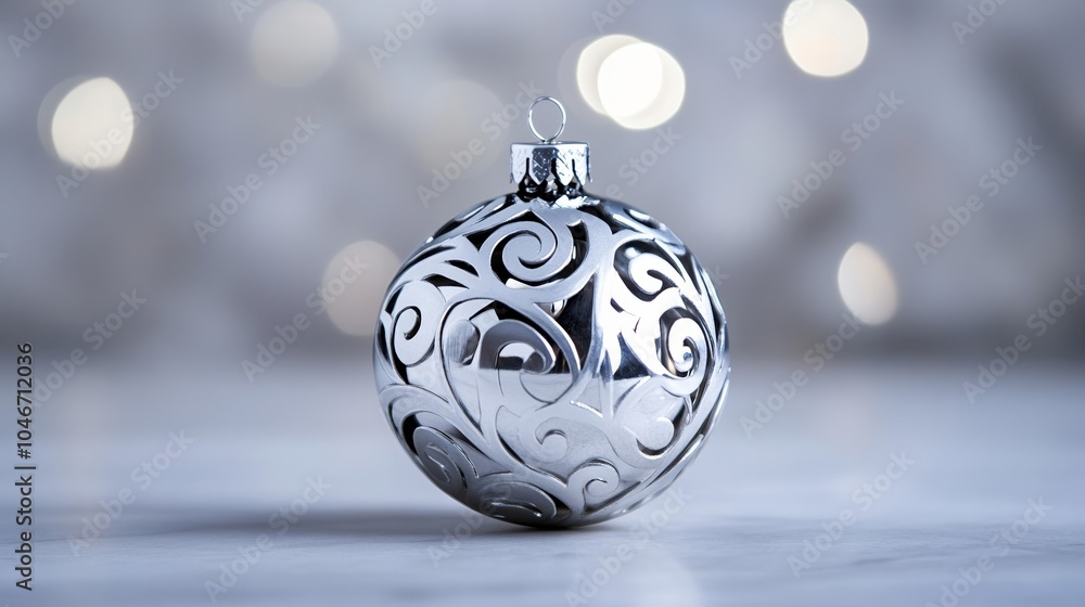 Aufkleber elegant silver ornament with intricate swirling patterns and soft bokeh lights isolated on a white b