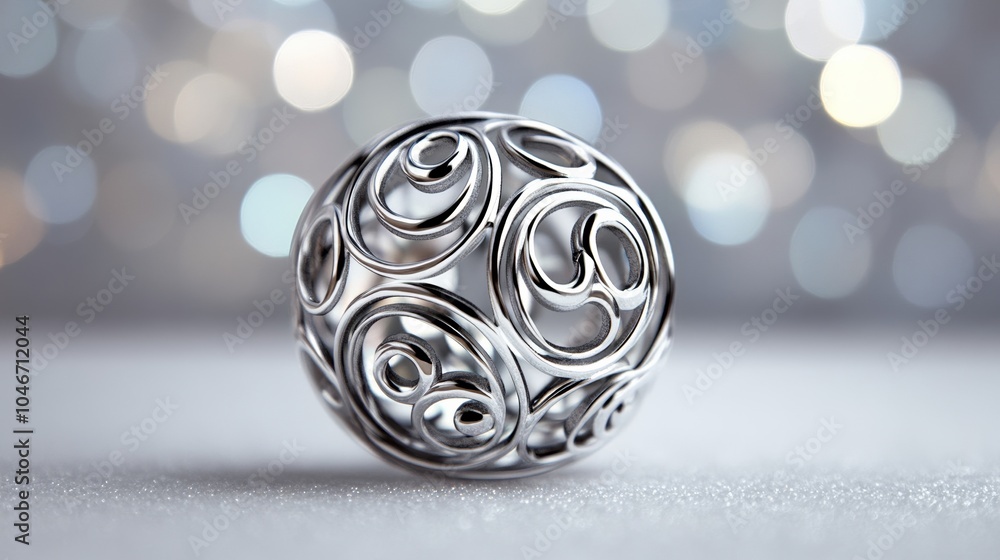 Poster elegant silver ornament with intricate swirling patterns and soft bokeh lights isolated on a white b