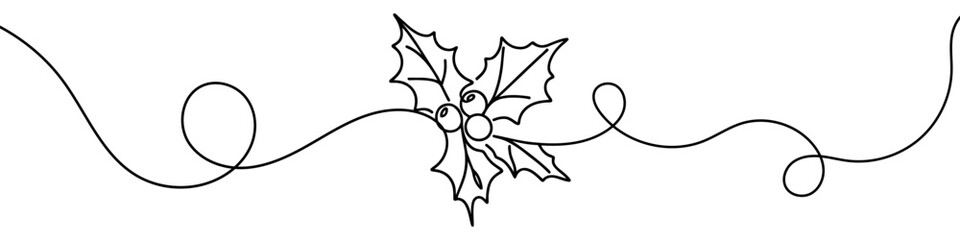 Continuous line drawing of holly berries and leaves creating a festive image for christmas projects. Vector illustration. © chekman