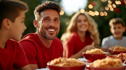 Family gathered around a table, passing bowls of spaghetti and laughing, celebrating National Spaghetti Day with a festive meal 