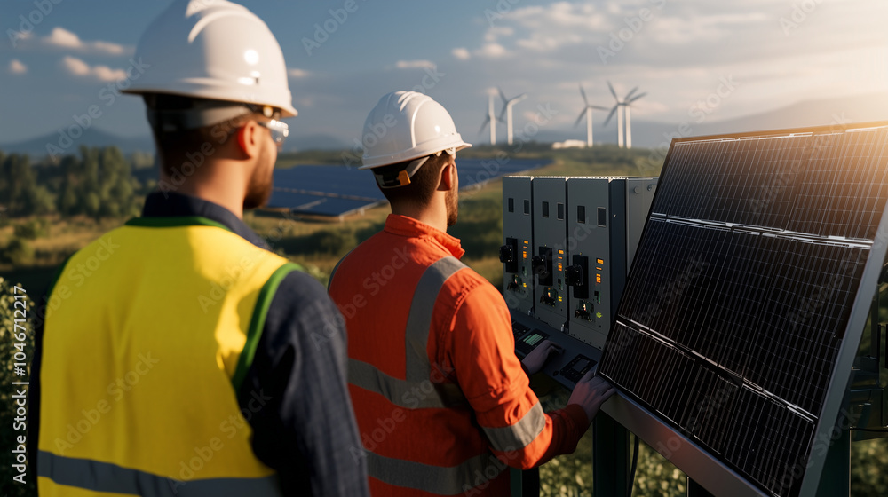 Poster a group of engineers in safety gear inspecting multiple inverters installed on a large control panel