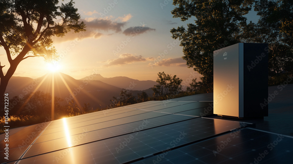 Poster a solar energy system installation with an inverter showing power output, with rays of sunlight refl