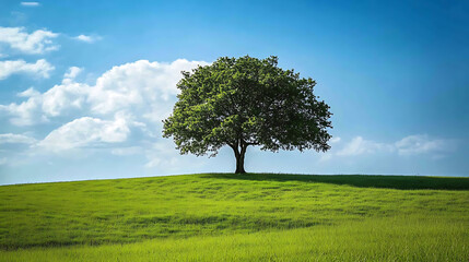Obraz premium lone tree in green field under blue sky with fluffy clouds